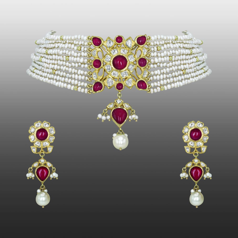 Pearl Strand Choker Set with Ruby, Polki Floral Motif, and Pearl Drop